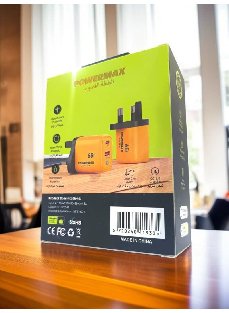 PowerMax 65W USB-C fast charging wall charger with PD and QC3.0 technology, three-prong plug - Image 2